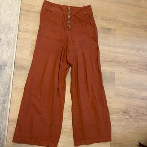 LOFT 100% Linen High-Waist Button-Front Wide Leg Pants in Rust/Burnt Orange